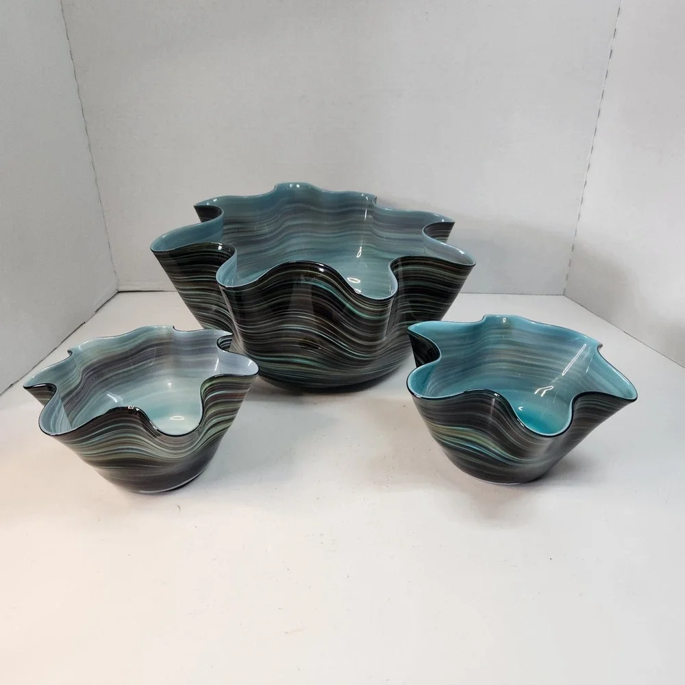 Vintage 3 Pc Murano-Style Art Glass Handkerchief Bowl Set Blue-Green Swirl Read